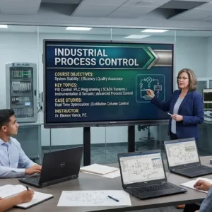 High-quality educational course image for Industrial Process Control with automation and monitoring visuals.