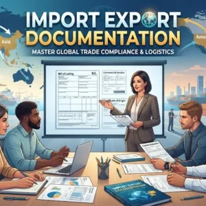 Modern educational image for Import Export Documentation course with trade compliance and shipping visuals
