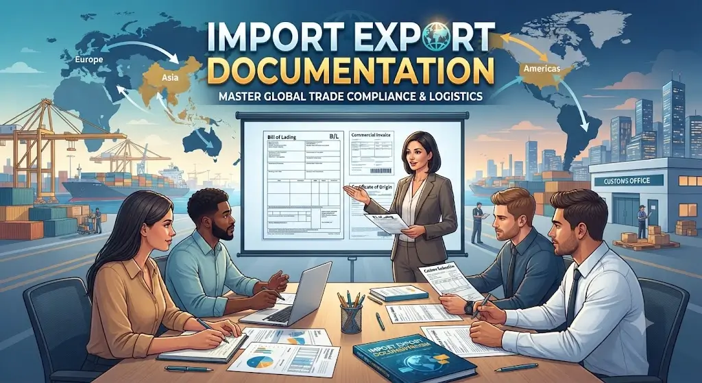 Modern educational image for Import Export Documentation course with trade compliance and shipping visuals
