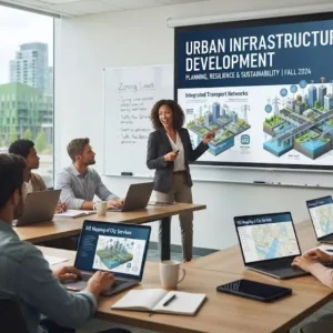 High-quality educational course image for Urban Infrastructure Development with smart city and infrastructure visuals.
