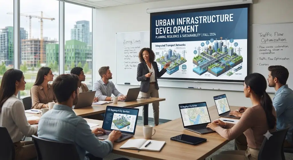 High-quality educational course image for Urban Infrastructure Development with smart city and infrastructure visuals.