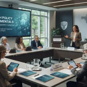 Modern educational image for Health Policy Fundamentals course with governance and healthcare policy visuals
