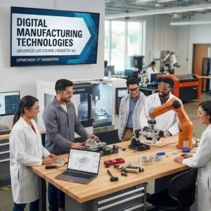 Modern e‑learning image showing Digital Manufacturing Technologies course visuals