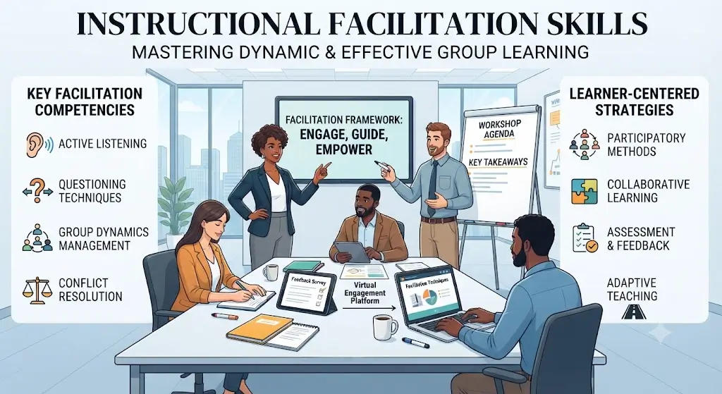 Modern educational image for Instructional Facilitation Skills course with teaching and facilitation visuals