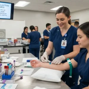 Modern educational image for Specimen Collection Procedures course with patient safety and laboratory accuracy visuals