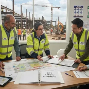 High-quality educational course image for Construction Safety Planning with safety gear and risk management visuals.