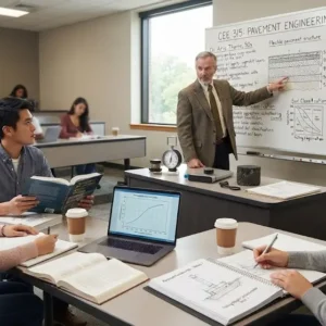 High-quality educational course image for Pavement Engineering Fundamentals with pavement design and road material visuals.