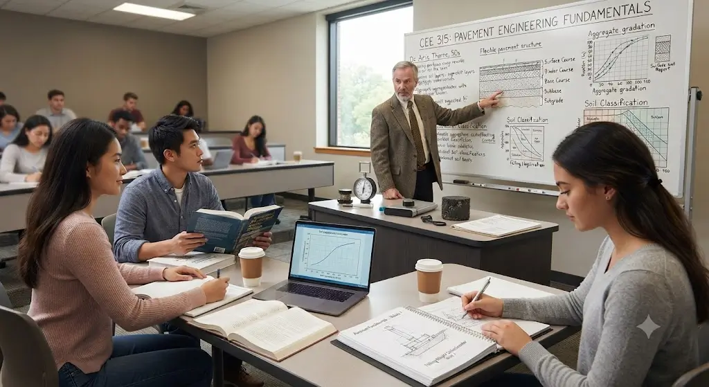 High-quality educational course image for Pavement Engineering Fundamentals with pavement design and road material visuals.