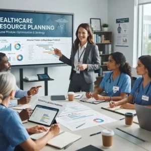 Professional e-learning image showing Healthcare Resource Planning and resource allocation concepts