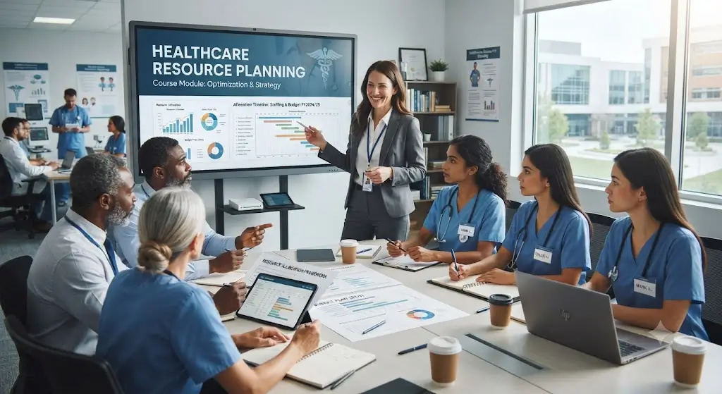 Professional e-learning image showing Healthcare Resource Planning and resource allocation concepts