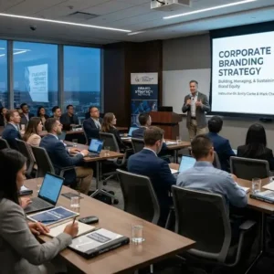 High-quality educational course image for Corporate Branding Strategy with corporate identity and brand management visuals.