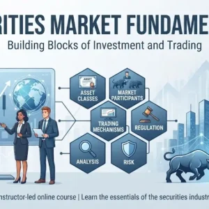 Modern educational image for Securities Market Fundamentals course with stock market and investment visuals