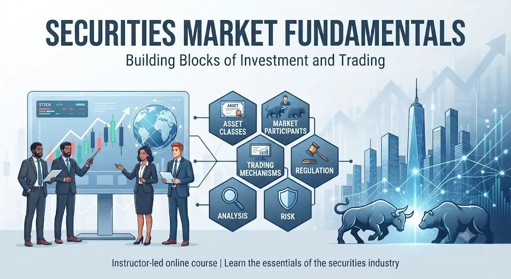 Modern educational image for Securities Market Fundamentals course with stock market and investment visuals