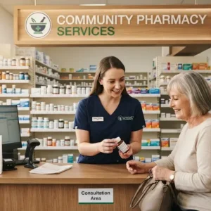 Professional e-learning image showing Community Pharmacy Services and patient care concepts