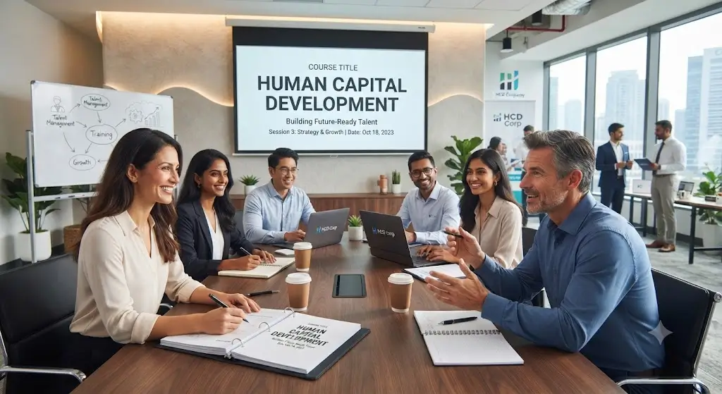 Modern educational image for Human Capital Development course with workforce growth and talent management visuals