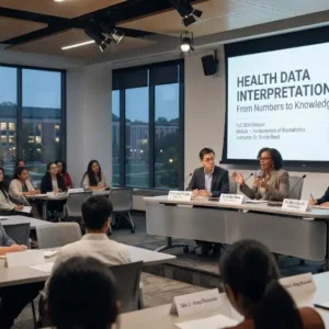 Modern educational image for Health Data Interpretation course with analytics and healthcare insights visuals