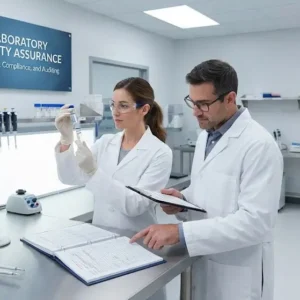 Modern educational image for Laboratory Quality Assurance course with precision and compliance visuals