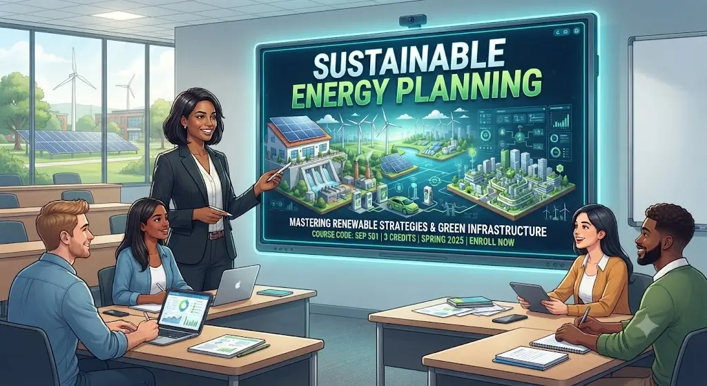 High-quality educational course image featuring Sustainable Energy Planning with modern visuals