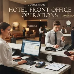 High-quality educational course image featuring Hotel Front Office Operations with modern visuals
