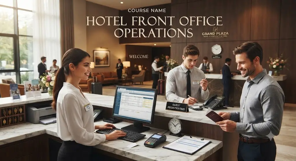 High-quality educational course image featuring Hotel Front Office Operations with modern visuals