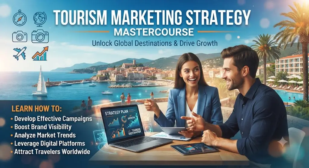 High-quality educational course image featuring Tourism Marketing Strategy with modern visuals