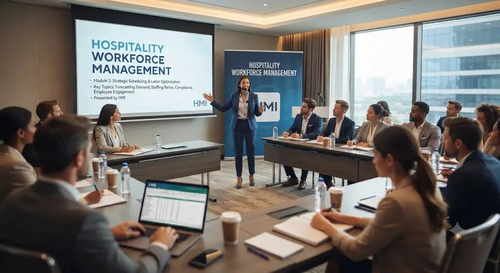High-quality educational course image featuring Hospitality Workforce Management with modern visuals