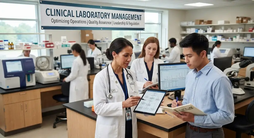 Modern educational image for Laboratory Quality Systems course with compliance and quality framework visuals