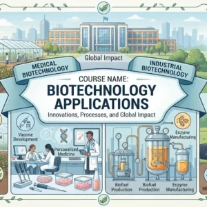 Modern educational image for Biotechnology Applications course with genetic engineering and bioinformatics visuals