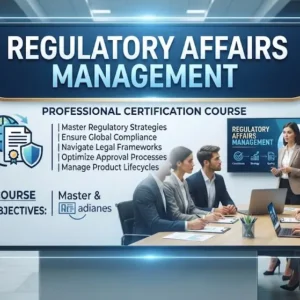 High-quality educational course image showing Regulatory Affairs Management with compliance and governance visuals.