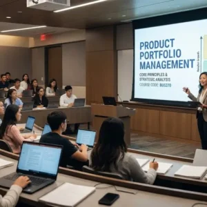 High-quality educational course image for Product Portfolio Management with portfolio balancing and product lifecycle visuals.