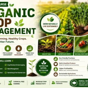 Organic Crop Management course banner showing sustainable farming, soil health, and crop growth