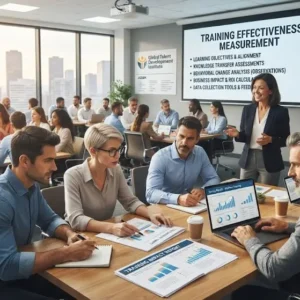 Modern educational image for Training Effectiveness Measurement course with evaluation and performance visuals
