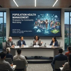 Modern educational image for Population Health Management course with healthcare planning and preventive health visuals