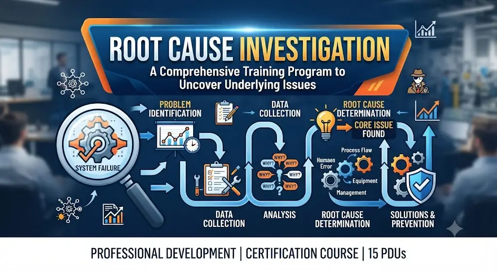 High-quality educational course image for Root Cause Investigation with problem-solving and failure analysis visuals.