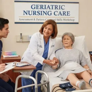 Professional e-learning image showing Geriatric Nursing Care and elderly patient support