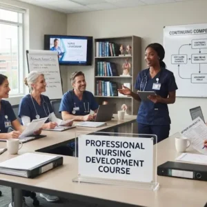 Professional e-learning image showing Professional Nursing Development and career growth concepts