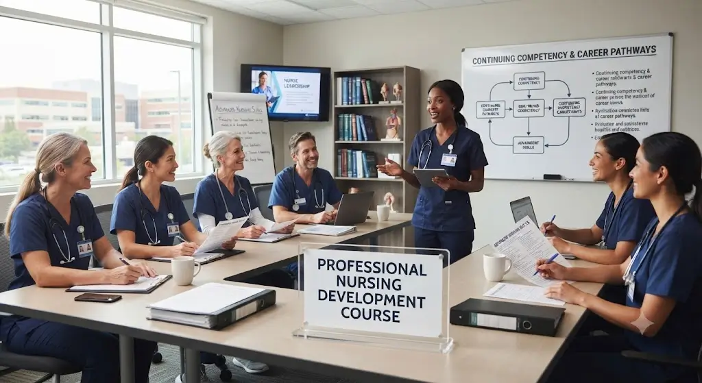 Professional e-learning image showing Professional Nursing Development and career growth concepts