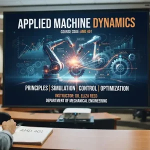 High-quality educational course image for Applied Machine Dynamics with motion diagrams and mechanical engineering visuals.