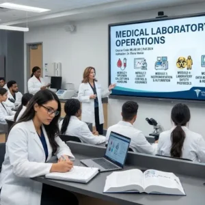 Modern educational image for Medical Laboratory Operations course with workflow and efficiency visuals