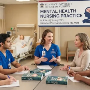 Professional e-learning image showing Mental Health Nursing Practice and psychiatric care concepts