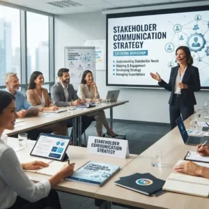 High-quality educational course image for Stakeholder Communication Strategy with collaboration and communication visuals.