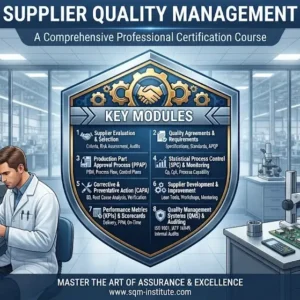 Modern educational image for Supplier Quality Management course with supplier evaluation and quality assurance visuals