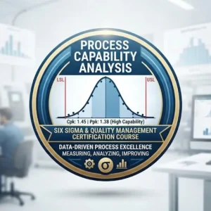 Modern educational image for Process Capability Analysis course with statistical charts and quality control visuals