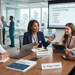 Professional e-learning image showing Healthcare Facility Administration and hospital management concepts
