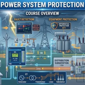High-quality educational course image for Power System Protection with fault detection and relay coordination visuals.