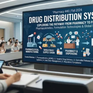 Modern educational image for Drug Distribution Systems course with pharmaceutical logistics and supply chain visuals