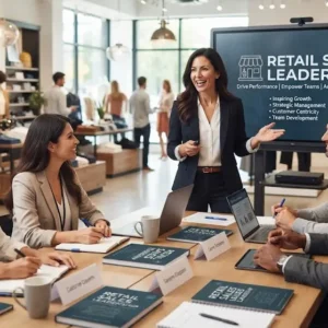 Modern educational image for Retail Sales Leadership course with leadership and sales performance visuals