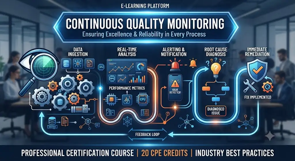 High-quality educational course image for Continuous Quality Monitoring with quality dashboards and monitoring visuals.