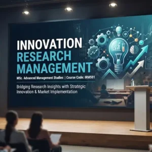 High-quality educational course image showing Innovation Research Management with creativity and research visuals.