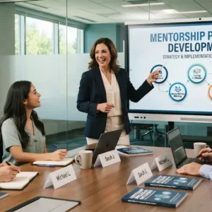 Modern educational image for Mentorship Program Development course with mentorship and leadership visuals